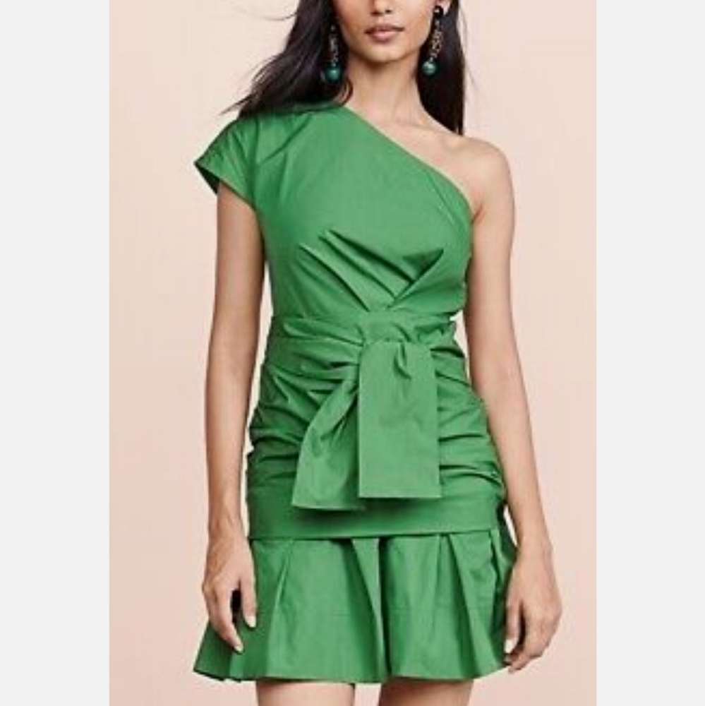 10 Crosby Derek Lam One Shoulder Green 100% Cotton Gathered Zip Belted Dress